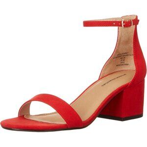 Women Poppy Red Faux Suede Two Strap Open Rounded Toe Chunky Block Heeled Sandal